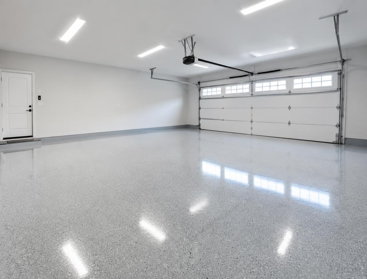 Bright finished flake-coated garage floor after TUFFCOAT installation