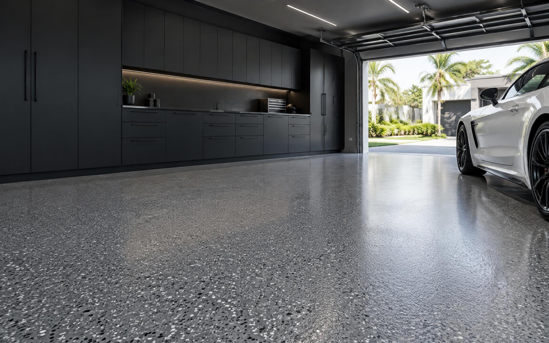 Luxury garage with a finished gray decorative flake floor and black cabinetry
